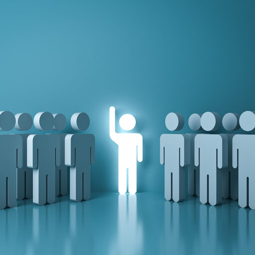 Stand out from the crowd and different concept , One glowing light man raising his hand among other people on light green pastel color background with reflections and shadows . 3D rendering.